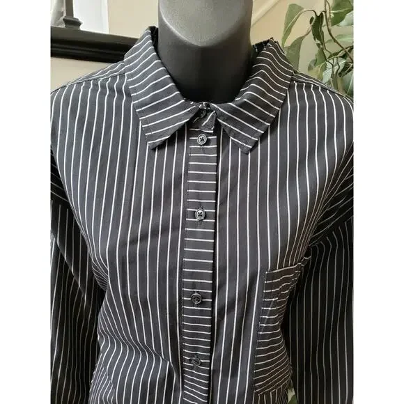 A New Day Dress Women L Black White Striped Shirt Long Sleeve Cotton Midi - Picture 6 of 15